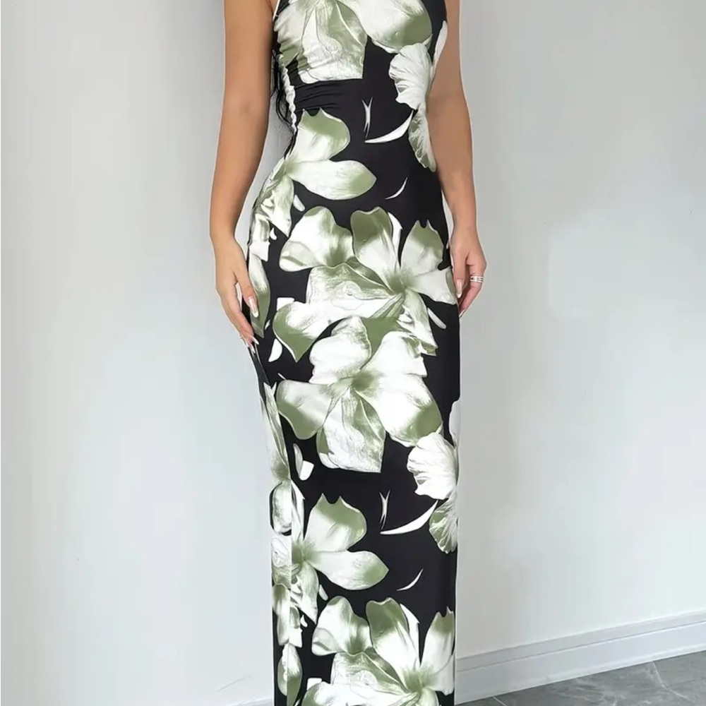 Elegant Black and Green Floral Maxi Dress NWT